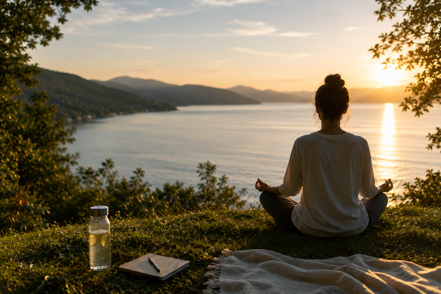 Meditación al atardecer junto al agua: longevidad hecha rutina
