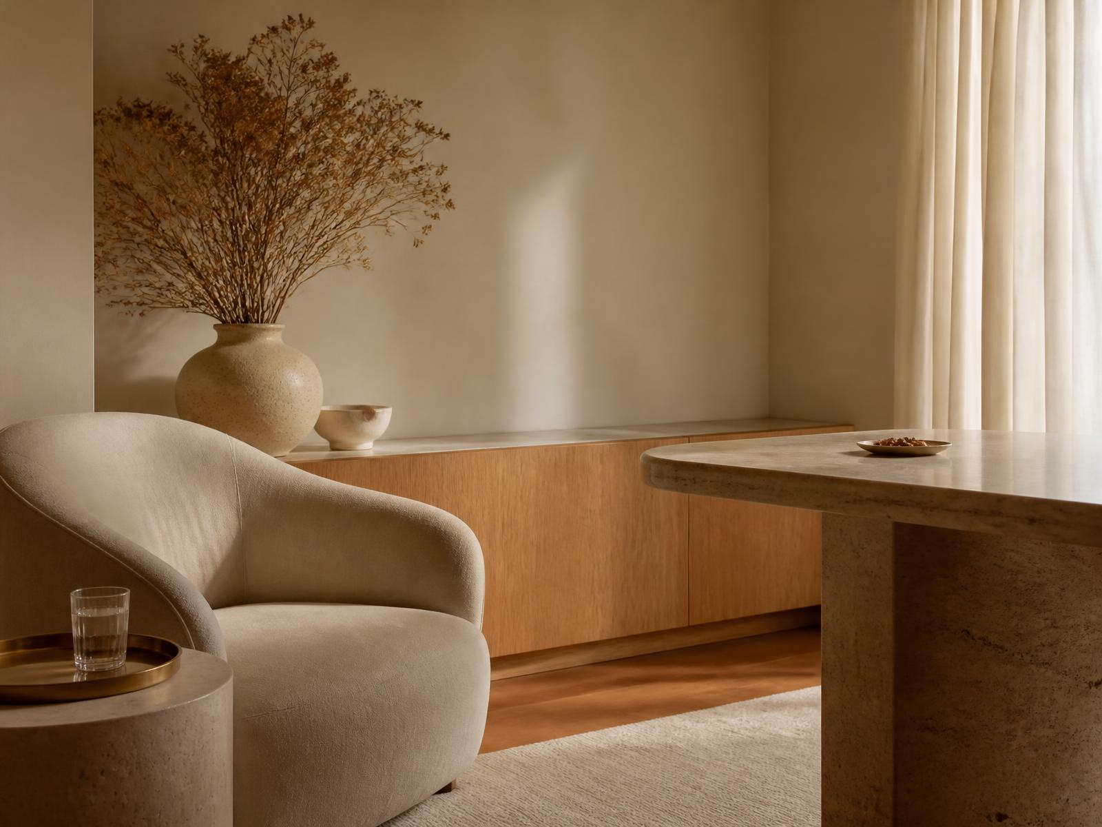 Espacio de consulta boutique en tonos cálidos, con luz natural