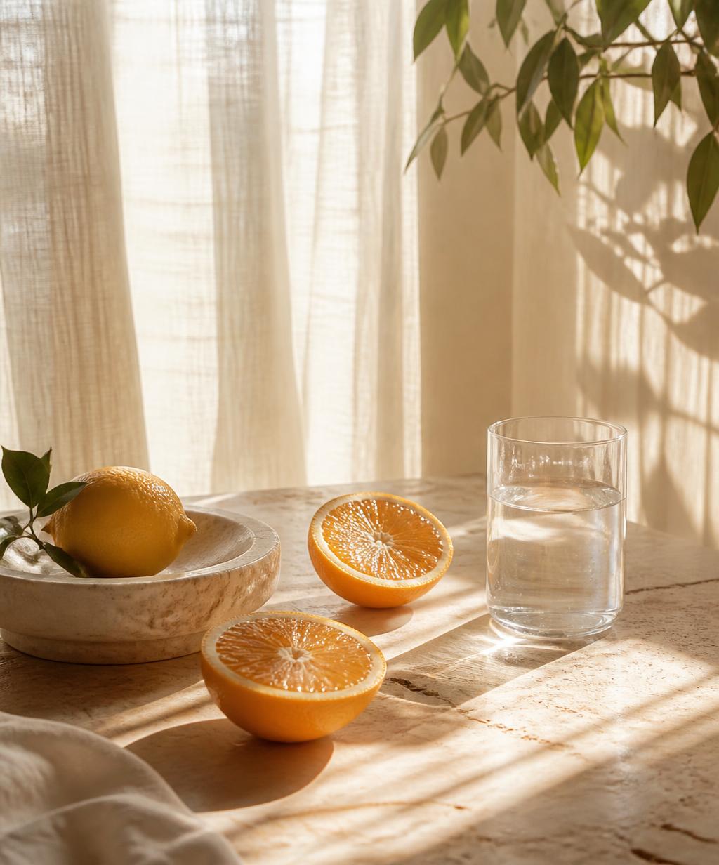 Luz de la mañana sobre cítricos frescos y un vaso de agua