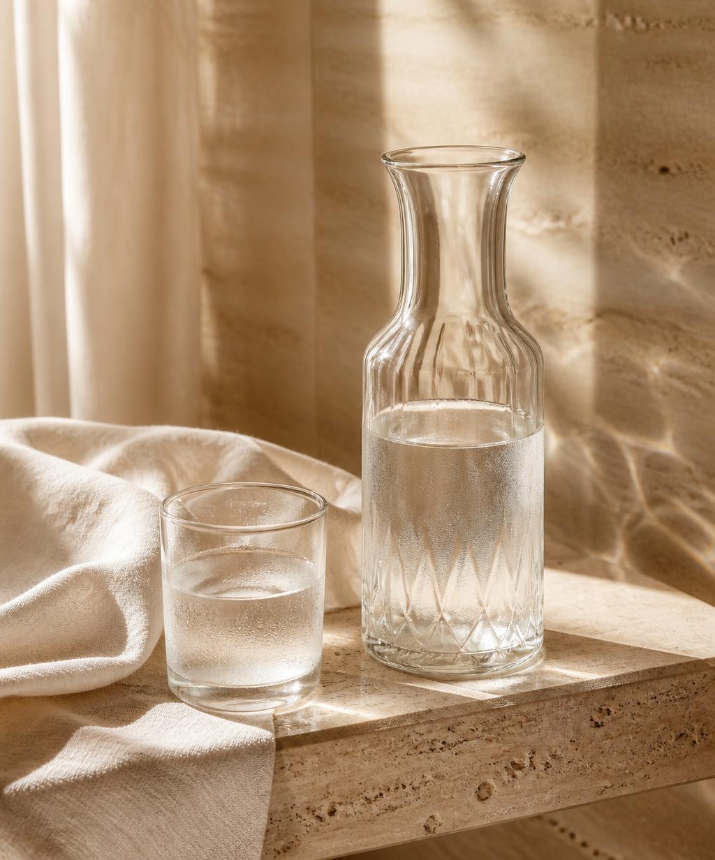Jarra y vaso de agua fresca sobre travertino con lino ivory