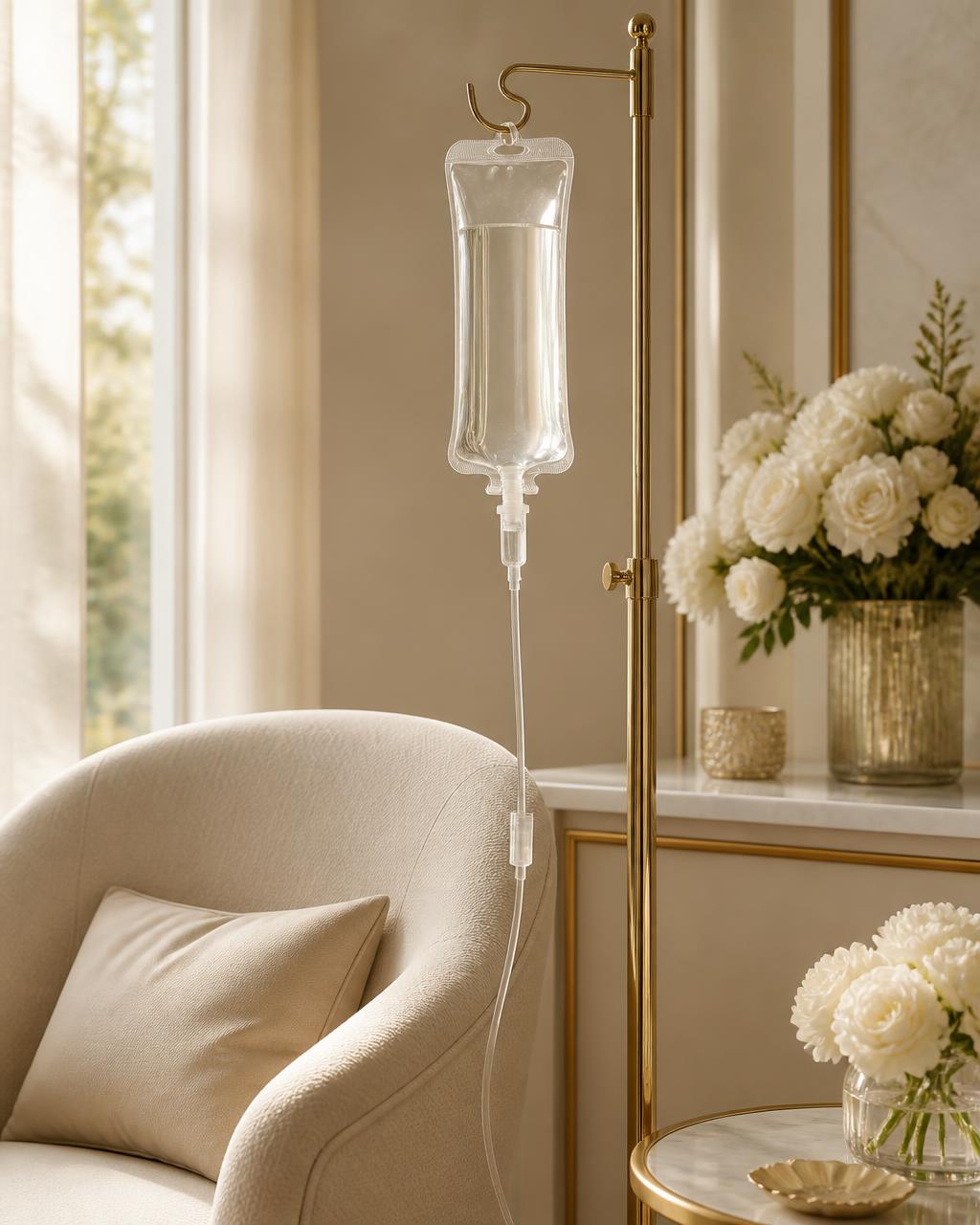 Sala de infusión serena con bolsa de suero intravenoso en soporte dorado